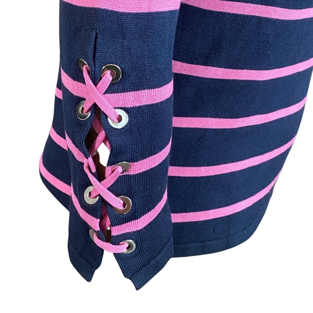 Carlisle Silk Blend Boat-Neck Striped Knit Top Sz L Navy Pink #288M - Picture 5 of 7
